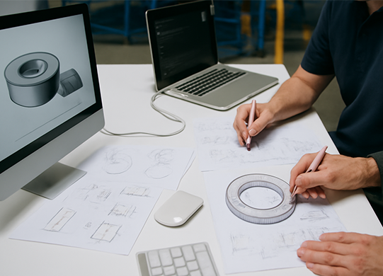 Designing precision magnets using CAD software and hand-drawn sketches for industrial applications.